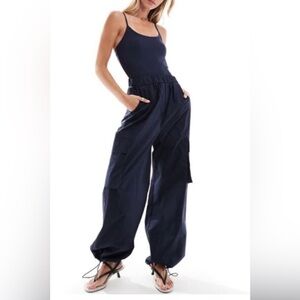 Mango Navy Wide Utility Cargo Jumpsuit